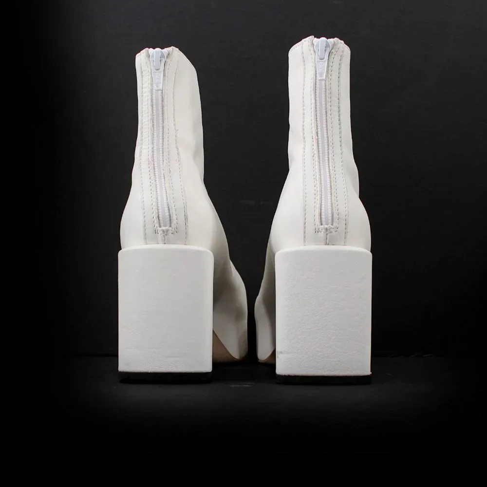 MOMA Platform Boots White Leather Handmade Block Heel Zip Back Seam SZ 39/10